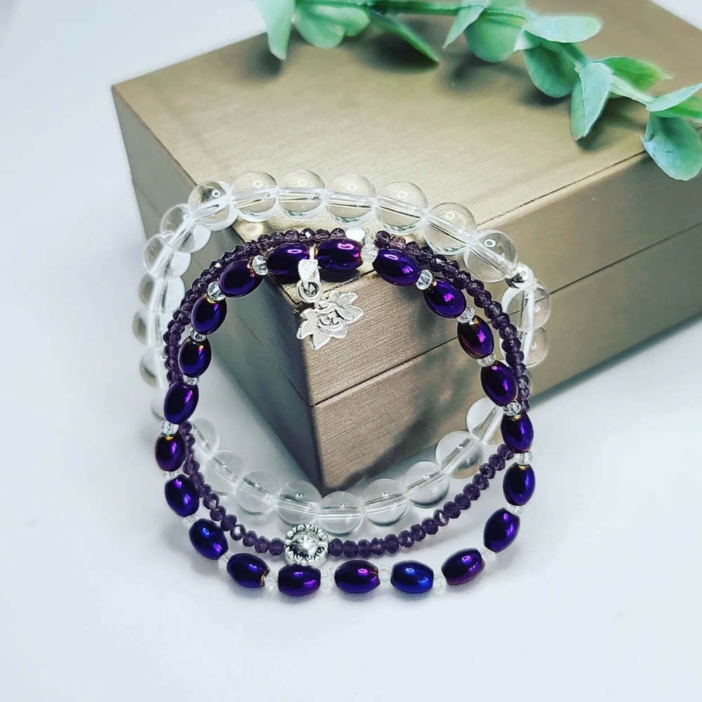 Clear Quartz, Purple Hematite set of 3 bracelet